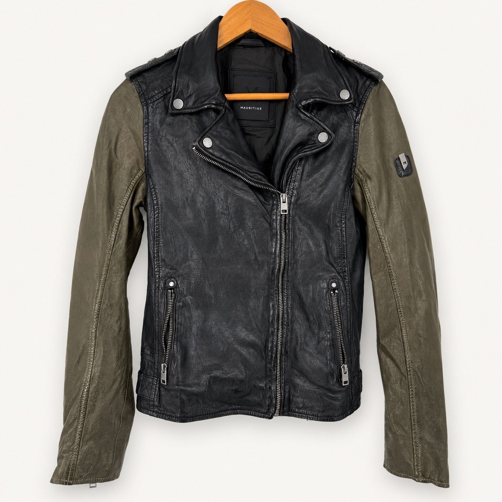 Mauritius Lamb Leather Moto Jacket Womens Small US 6 Black Green Biker Edgy Rock